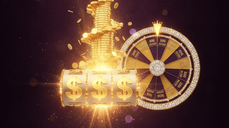 Progressive jackpots explained — glowing jackpot reel, gold coins and prize wheel